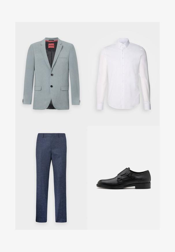 Gaiši pelēks žakets, izgatavots no teksturēta auduma, ar melnu oderi, divām priekšējām kabatām, iegrieztām atlokiem un melnām pogām. Sarkanā etiķete iekšpusē.; Balta kokvilnas krekla garajām piedurknēm ar pogām, kura dizainā ir klasiskā apkakle, priekšējās pogas un minimālistiska šuvju detaļa.; Jūras zila bikses, izgatavotas no struktūrvielas, ar taisnām kājām, plakanu priekšpusi un divām sānu kabatām. Nav redzamu rakstu vai akcentu.; Melnas ādas kleitas kurpes ar diviem sprādzēm, elegants siluets un apaļš purngals. Iezīmējas ar zemu papēdi un gludu tekstūru.