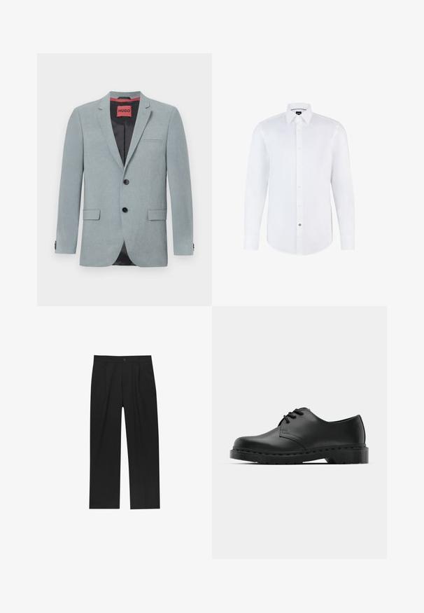 Blazer grigio chiaro realizzato in tessuto testurizzato, con foderatura nera, due tasche frontali, rever a lancia e bottoni neri. Etichetta rossa all'interno.; Camicia bianca a maniche lunghe realizzata in tessuto morbido, con chiusura a bottoni sul davanti, colletto a punta e orlo curvato. Accentata da un bottone di marca distintivo.; Pantaloni neri con un design a gamba dritta, realizzati in un tessuto liscio. Presentano pieghe frontali e una chiusura a un bottone in vita.; Scarpa oxford in pelle nera con design con lacci, punta arrotondata, suola piatta in gomma e dettagli di cucitura discreti lungo la parte superiore.