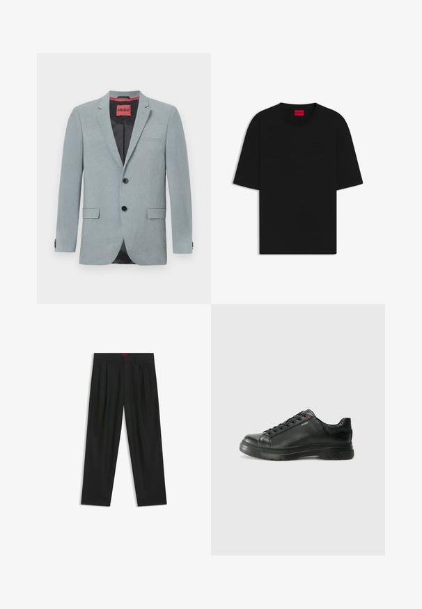 Lys grå blazer lavet af tekstureret stof, med sort for, to forlommer, notch-lapper og sorte knapper. Rød label indeni.; Sort kortærmet t-shirt lavet af bomuld, har en rund halsudskæring og et præget logo på forsiden, med en afslappet og løs pasform.; Sorte bukser med plisseret design, bred benform og en glat tekstur. Har et rødt taljetag.; Sorte lædersneakers med tekstureret overdel, polstret krave og rødt logo-detajle. Har en tyk gummisål med tydeligt mønster.