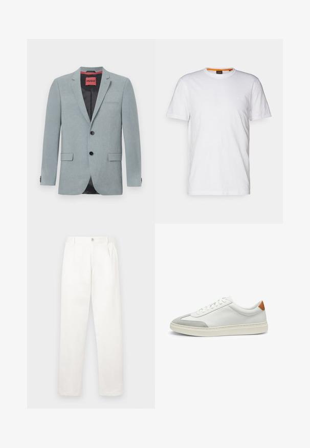 Light grey blazer made of textured fabric, featuring a black lining, two front pockets, notch lapels, and black buttons. Red label inside.; White cotton T-shirt with a crew neck, short sleeves, and a subtle embossed logo on the chest. Interior tag has an orange accent.; White trousers made from smooth fabric, featuring a straight leg design, front pleats, and a single button closure at the waist.; White leather sneakers with gray suede accents and a tan leather heel tab. Features a textured surface and lightweight sole.