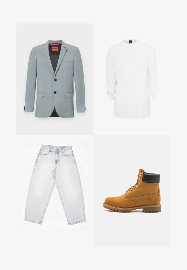 Light grey blazer made of textured fabric, featuring a black lining, two front pockets, notch lapels, and black buttons. Red label inside.; Long-sleeve white cotton t-shirt with a round neckline, loose fit, and ribbed cuffs. Plain design, no graphics or patterns.; Light blue denim jeans with a loose, baggy fit. Features five pockets, button closure, and stitched detailing. Faded texture and straight legs.; Tan suede ankle boot with black padded collar, gold metal eyelets, white stitching detailing, and rugged rubber sole with pronounced treads.