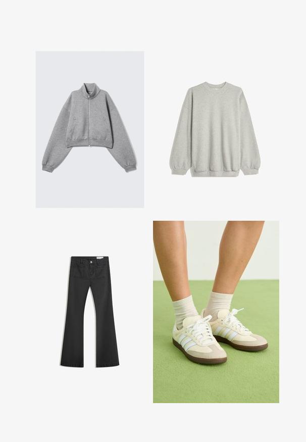 Harmaa lyhyt vetskari takki, jossa on korkea kaulus, pitkät hihat ja vetoketjulliset sivutaskut, esiteltynä yksinkertaisella valkealla taustalla.; Harmaa huppari, joka on valmistettu pehmeästä kankaasta. Siinä on pyöreä kaula-aukko, pitkät hihat elastisilla hihoilla ja rento istuvuus. Ei kuvioita tai korostuksia.; Mustat leveälahkeiset farkut, jotka on valmistettu sileästä denimmateriaalista. Farkuissa on kaksi takataskua ja nappikiinnitys vyötäröllä.; Samba-tennarit cream- ja beige-sävyissä, joissa on kolme vaaleansinistä raitaa, valkoiset nauhat ja ruskeat kumipohjat.