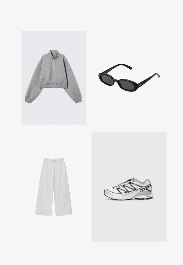 Šedá zkrácená bunda na zip s vysokým límcem, dlouhými rukávy a bočními kapsami na zip, vystavená na čistém bílém pozadí.; Bílé bavlněné tílko s žebrovanou texturou, bez rukávů a kulatým výstřihem. Na krku je štítek s nápisem "WEEKDAY."; Světle šedé široké kalhoty vyrobené z měkkého materiálu s elastickým páskem. Design má volný střih pro pohodlí a snadný pohyb.; Běžecká obuv s lehkým bílým síťovaným svrškem, stříbrnými akcenty a černým šněrováním; má strukturovanou podrážku pro lepší trakci.; Černé oversized sluneční brýle s oválnými čočkami, hladkým plastovým rámem a zlatými akcenty na spáncích. Tmavé čočky poskytují ochranu před sluncem.; Šedý vlněný šátek s jemnou texturou, obdélníkovým tvarem a třásněmi na koncích, vhodný pro zahřátí a vrstvení v chladnějším počasí.; Tmavě hnědá semišová kabelka přes rameno s nastavitelným popruhem, zlatým kováním a velkým předním klopovým zavíráním.