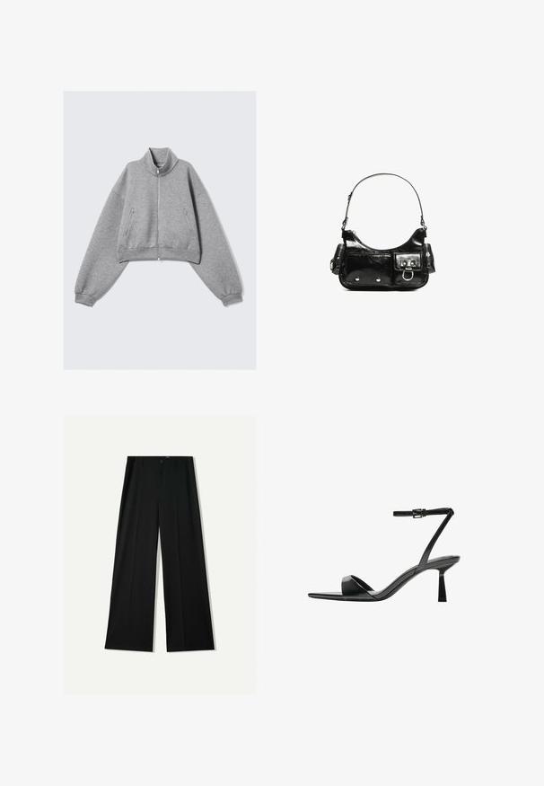 Šedá skrátená bunda na zips s vysokým golierom, dlhými rukávmi a zipsovými bočnými vreckami, vystavená na jednoduchom bielom pozadí.; Biela krátka T-shirt s voľným strihom a zlaceným textúrou v oblasti pása. Vyrobená z mäkkého, ľahkého materiálu.; Bershka WIDE - Nohavice - black; Bershka Sandále na vysokom opätku - black; Čierna laková kožená kabelka s ohnutým tvarom, jedným ramenným popruhom, prednými vreckami a striebornými kovovými doplnkami.