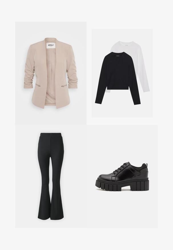 Blazer beige con taglio dritto, maniche arricciate e due tasche laterali con zip. Realizzato in un tessuto morbido con design minimalista.; Due camicie a maniche lunghe: una nera e una bianca. Entrambe presentano un col a girocollo, maniche raglan e un morbido tessuto in misto cotone.; Pantaloni neri a campana realizzati in tessuto elastico. Presentano una vita alta e un design liscio e aderente che si allarga dal ginocchio in giù.; Scarpe platform in pelle nera con tacco a blocco robusto, punta rotonda e design tradizionale con lacci. Presentano una superficie liscia e dettagli minimi.