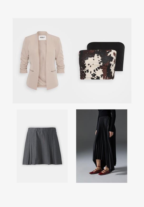 Bež blazer s ravnim krojem, nabrane rukave i dva bočna džepa sa zipom. Izrađen od glatkog materijala s minimalističkim dizajnom.; Dva topa bez naramenica: jedan ima smešasti i kremasti apstraktni životinjski uzorak, dok je drugi potpuno crn. Oba su napravljena od mekanog materijala.; Siva plisirana suknja od teksturiranog materijala, s pojasom i skrivenim patentnim zatvaračem. Ima ravnomjerno raspoređene plisove za strukturalni izgled.; Crna plisirana suknja s visokim i niskim rubom, uparena s sjajnim crvenim balerinkama s dizajnom trakice. Tkanina ima glatku teksturu.
