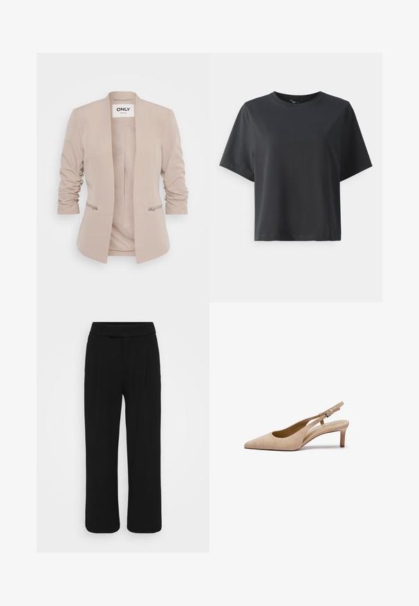Beige blazer med rett kutt, rynkede ermer og to sidelommer med glidelås. Laget av et glatt stoff med minimalistisk design.; Svart bomull T-skjorte, korte ermer, rund hals, avslappet passform, jevn tekstur, enkel design, ingen mønstre eller aksenter.; Sorte bukser med vide ben laget av et glatt stoff, med flat front, beltehemper og uten synlige lommer. Rent, skreddersydd design.; Zign LEATHER - Klassiske pumps - beige