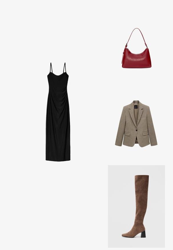 Hnedý károvaný blejzer vyrobený z texturovanej tkaniny, s vykrojeným golierom, jednom gombíkovom zapínaní a dvoma prednými vreckami. Plne podšívaný interiér.; Čierne midi šaty s tenkými nastaviteľnými ramienkami, s prekrývajúcim sa dizajnom a hladkou textúrou. Žiadne viditeľné vzory ani zdobenie.; Hnedé nadkolenné bootky vyrobené z mäkkého semišu, s špicatou špičkou a masívnym čiernym podpätkom. Dizajn obsahuje bezšvové šitie pre elegantný vzhľad.; Červená kožená taška cez rameno s zakriveným dizajnom, hladkou textúrou a zipsovým uzáverom. Obsahuje tenký popruh na nosenie.