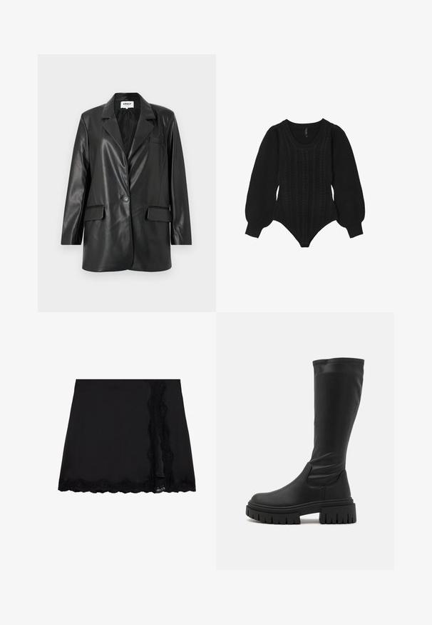 Blazer in ecopelle nera con colletto a revers, chiusura a un bottone, due tasche frontali e una tasca sul petto. Tessuto liscio e vestibilità tailored.; Calliope Maglione - noir; Even&Odd Minigonna - black; Even&Odd Stivali con plateau - black