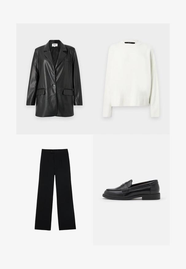 Black faux leather blazer with a notched collar, single button closure, two front pockets, and a chest pocket. Smooth texture and tailored fit.; White, knitted sweater with a round neckline, ribbed cuffs and hem. Soft texture and relaxed fit, featuring dropped shoulders.; Black wide-leg trousers made of smooth fabric, featuring a front button closure and two pleats for added detail. Tailored design overall.; Black leather loafers with a smooth texture, rounded toe, stitched detailing on the upper, and a low, flat rubber sole.