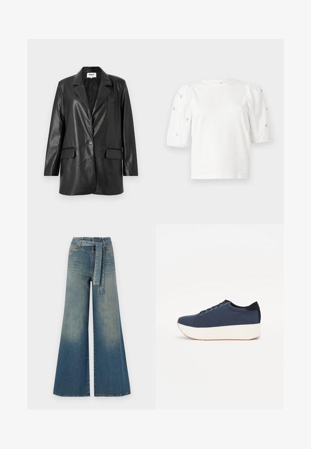 Melna mākslīgā ādas žakete ar izgriezumu, vienu pogu, divām priekšējām kabatām un krūšu kabatu. Gluda tekstūra un pielāgota piegriezums.; Balta kokvilnas t-kreklu ar īsām puff piedurknēm, ar nelieliem sudraba rotājumiem gar piedurknēm. Klasisks apaļš izgriezums, brīvā piegriezuma.; Platām kājām džinsu bikses ar gaismas līdz tumši zilam gradientam, augstu jostas līniju, jostas cilpām un atbilstošu auduma jostu. Tekstūrēts džinsas apdare.; Navy zilo apavi ar strukturētu auduma augšdaļu, baltu platformas zoli, noapaļotu pirkstu daļu un melnu papēža akcentu. Iekļautas sešas acs caurumi šnuķēšanai.