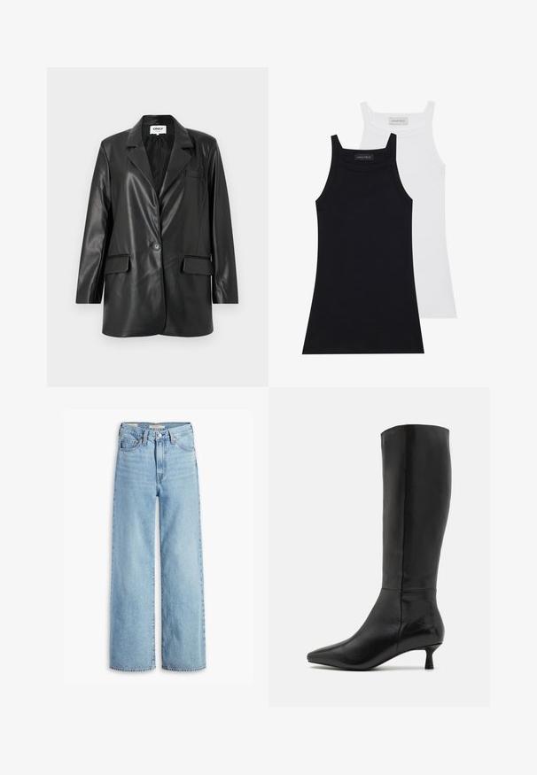 Zwarte faux leren blazer met een notch-kraag, enkele knoopsluiting, twee voorkzakken en een borstzak. Glad textuur en slim fit.; Twee mouwloze tops in zwart en wit. Gemaakt van zachte, rekbare stof met een geribbelde textuur en een getailleerd ontwerp. Heeft smalle bandjes.; Lichtblauwe, hoge taille, wijde jeans met een voorste knoop en ritssluiting, riemlussen en vijf zakken.; Zign Laarzen - black