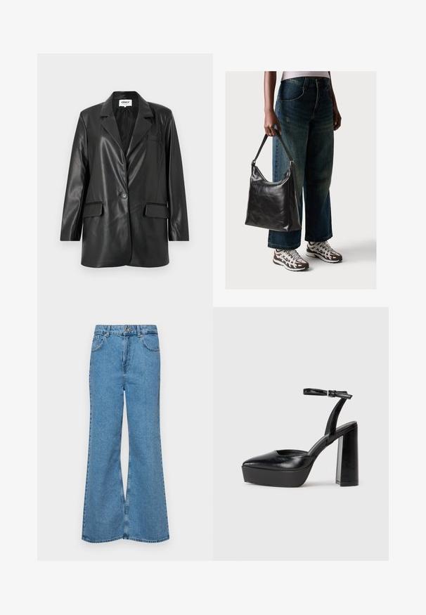 Sorte faux læder blazer med klippet krave, enkelt knaplukning, to frontlommer og en brystlomme. Glat tekstur og skræddersyet pasform.; Sort bomulds T-shirt med korte ærmer, prydet med en lille pink sommerfugl grafik på venstre bryst. Rund hals design med en afslappet pasform.; Lysblå flagrende jeans lavet af denim, med høj talje, fem lommer og en enkelt knaplukning. Blød tekstur med en falmet finish.; Sorte platformhæle med spidse tæer og justerbar ankelrem. Construeret i glat læder, med en kraftig blokhæl.; Sort læder skuldertaske med en glat tekstur og justerbar skulderrem, parret med faded brede bukser og atletiske sneakers.