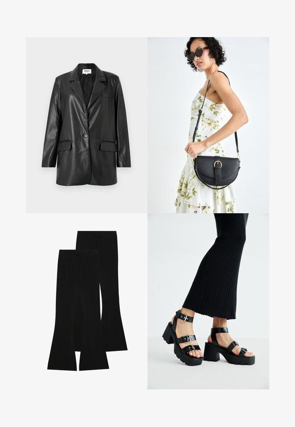 Blazer en simili cuir noir avec col à revers, fermeture à un bouton, deux poches à l'avant et une poche poitrine. Texture lisse et coupe ajustée.; T-shirt noir en coton, avec des manches courtes sur une couche à manches longues blanche avec un motif texturé subtil. Col rond.; Pantalons noirs évasés en tissu extensible, dotés d'une taille haute et d'une texture lisse, avec une coupe ajustée qui s'évasent à partir du genou.; Sandales à plateforme noires avec semelles épaisses et crantées, dotées de plusieurs sangles, présentant des boucles en métal et une texture lisse semblable au cuir.; Sac à main en cuir noir avec une forme courbée, bandoulière amovible et des accessoires en or. Le sac est doté d'un rabat avec un détail de boucle.