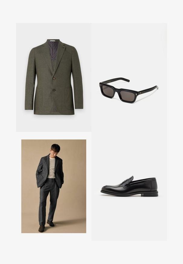 Olivově zelený blazer z texturované látky se dvěma knoflíky, dvěma předními kapsami a vzorovanou fialovou podšívkou. Přiléhavý střih a jeden rozvent.; Pánská košile s dlouhým rukávem, šedá, s náprsní kapsou a límcem na knoflíky, položená na bílem pozadí.; Šedý oblek na míru s klopami a předními kapsami, spárovaný se pruhovanou košilí. Kalhoty mají uvolněný střih a záhyb. Hnědé boty.; Černé kožené polobotky s hladkou texturou, zaoblenou špičkou a zdobným páskem přes nárt. Nízký stohovaný podpatek, minimalistický design.; Černé obdélníkové sluneční brýle s tmavými skly, silným plastovým rámem, zlatými akcenty na spáncích a vyrytým logem značky na nožičce.