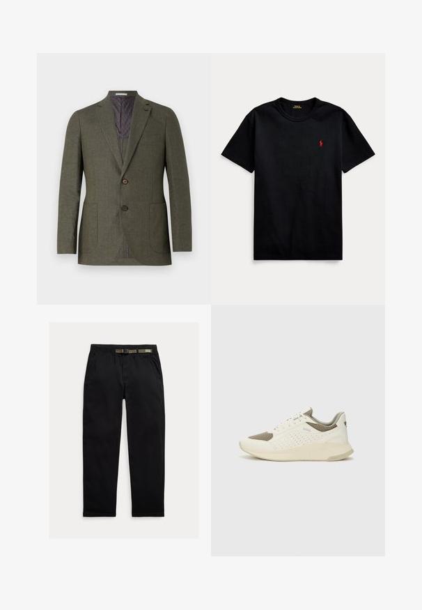 Alyvuogių spalvos švarkas iš tekstūruotos medžiagos, turintis dvi sagas, dvi priekinės kišenes ir raštuotą purpurinę pamušalą. Prigludęs siluetas ir vienas ventiliacijos kanalas.; Juodas medvilninis marškinėliai su trumpomis rankovėmis, apvalia kaklo iškirpte ir mažyčiu raudonu siuvinėtu logotipu kairiajame krūtinės kampe. Lygi tekstūra, kasdienis dizainas.; Juodos kelnės, pagamintos iš lengvo audinio, su elastinga juosta ir integruota žalia diržo dalimi, tiesaus kirpimo ir šonomis kišenėmis.; Baltas ir šviesiai bežinis sportinis kedas, su tinklo viršumi, perforuotais detalėmis ir tekstūruotu tarpine su logotipu ant kulno.
