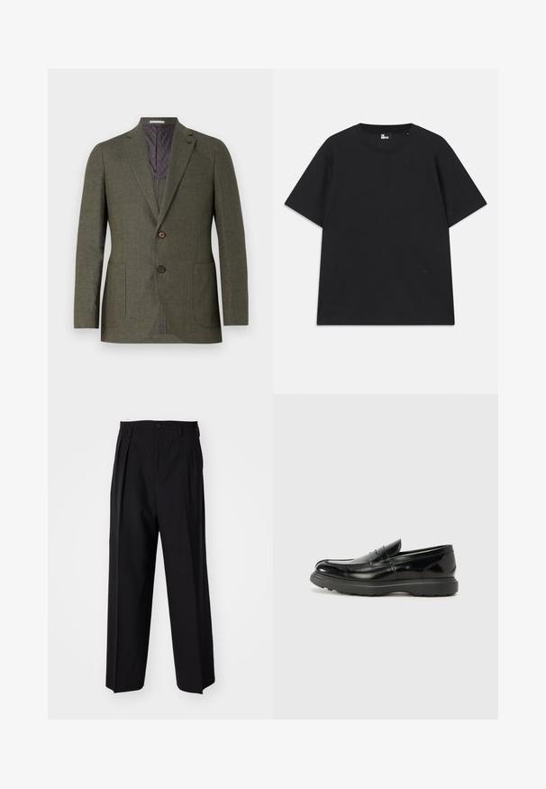 Olīvu zaļš žakets ar teksturētu audumu, divām pogām, diviem priekšējiem kabatām un rakstainu purpura oderi. Piegriezuma forma un vienpusējā atvere.; Melna īsām piedurknēm t-krekls, izgatavots no kokvilnas, ar apaļu kakla izgriezumu un mazu logotipa detaļu pie apakšmalas. Gluda tekstūra, standarta piegriezums.; Melnas plisētās bikses ar taisnu, plata kāja dizainu. Izgatavotas no gludas auduma, ar pogu aizdari un jostas cilpiņām.; Melnas ādas loafers ar spīdīgu apdari, noapaļota pirksta forma, smalkas šuvju detaļas un bieza gumijas zole ilgstošai lietošanai.