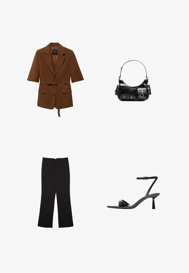 Brązowy żakiet z krótkim rękawem, wykonany z textured materiału, z pojedynczym guzikiem z przodu, paskiem w talii i dwoma przednimi kieszeniami.; Czarny bezrękawnik crop top z gładkiego materiału, z okrągłym dekoltem i czystym, prostym wzornictwem, bez wzorów czy metalowych elementów.; Czarne spodnie o prostym kroju, z przednimi kieszeniami i bocznymi rozcięciami na dole. Wykonane z miękkiego, gładkiego materiału. Odpowiednie na różne okazje.; Bershka - Sandały na obcasie; Czarna torebka z lakierowanej skóry o zaokrąglonym kształcie, z jednym paskiem na ramię, przednimi kieszeniami i akcentami w kolorze srebrnym.