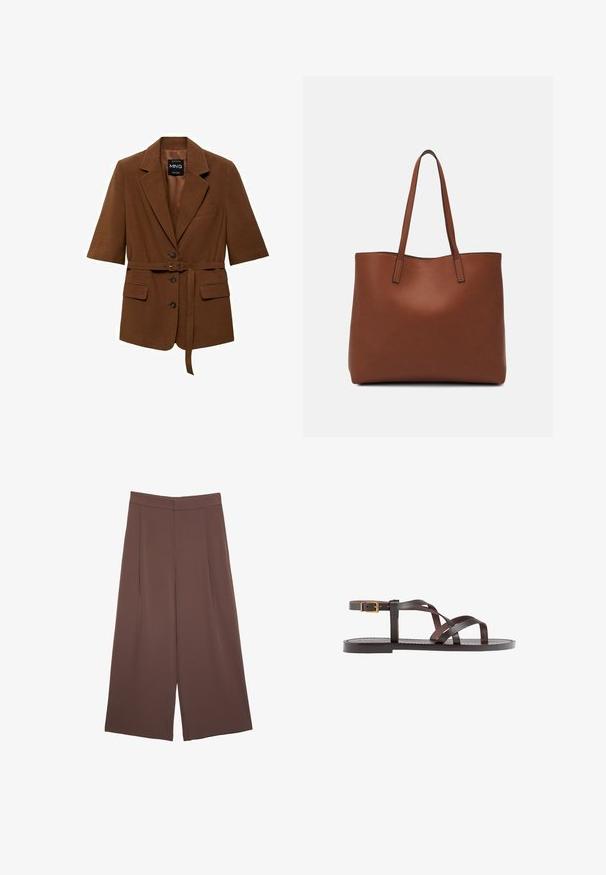 Blazer marrone a maniche corte realizzato in tessuto testurizzato, dotato di un bottone singolo sul davanti, cintura in vita e due tasche frontali.; Maglietta a maniche corte marrone realizzata in tessuto morbido, con scollatura rotonda e vestibilità rilassata. Nessun motivo o dettaglio visibile.; Pantaloni ampi marroni con una texture liscia, caratterizzati da una vita alta e pieghe frontali. Il tessuto è leggero e scorre liberamente.; Sandal in pelle marrone con cinturini incrociati, chiusura con cinturino alla caviglia e suola piatta con dettagli di cucitura minimi.; Borsa tote in pelle marrone con texture liscia, design con apertura superiore e due spallacci. Presenta cuciture minime e nessun hardware visibile.