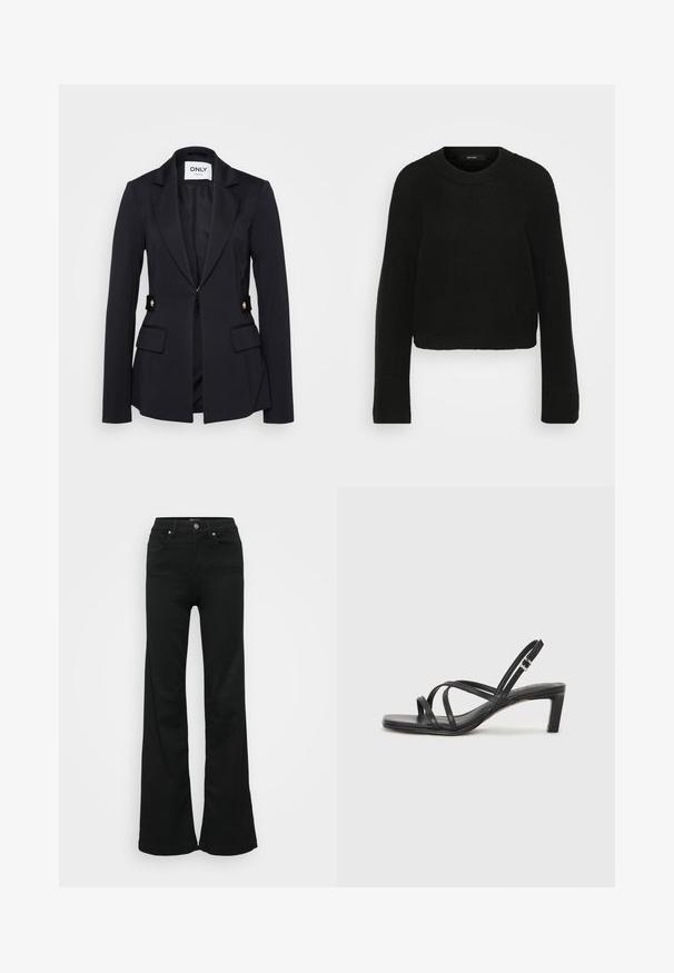 Black blazer with a structured design, peaked lapels, front flap pockets, and gold hardware accents, made from a stretchy fabric.; Black knitted sweater with a crew neckline and long sleeves. Features a textured pattern and a cropped design.; Black flared jeans made from denim, featuring a high waist, five pockets, and metal button closure. Smooth texture with minimal detailing.; Black strappy sandal with a square toe and a low block heel. Features multiple thin straps and an adjustable ankle strap. Made of smooth leather.