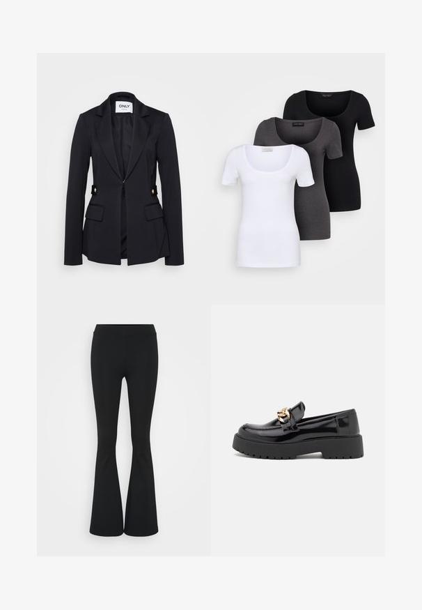 Svart kavaj med en strukturerad design, spetsiga slag, framfickor med lock och detaljer i guld, tillverkad av ett elastiskt tyg.; Tre åtsittande T-shirts i vitt, grått och svart. Var och en har en bred rundad halsringning och korta ärmar. Tillverkade av mjukt, stretcht tyg.; Svarta utsvängda byxor i elastiskt tyg med hög midja och en mjuk textur. Byxorna vidgar sig från knäet.; Svarta lackläderloafers med en kraftig svart sula och detaljer i guld. Slät yta och rund tådesign.