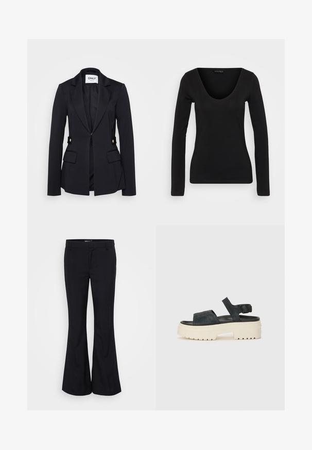 Fekete blézer, strukturált dizájnnal, csúcsos hajtókákkal, elülső zsebekkel és arany kiegészítőkkel, rugalmas anyagból készült.; Fekete, hosszú ujjú felső, puha anyagból készült. V-alakú nyakkivágással és testhezálló siluettel rendelkezik, sima tapintású és minimális varrási részletekkel.; Gina Tricot Tall RELAXED TROUSERS - Nadrágok - black; Fekete velúr platform szandálok tömör fehér talppal, széles elülső pánttal és állítható bokapánttal. Textúrált talp a jó tapadásért.