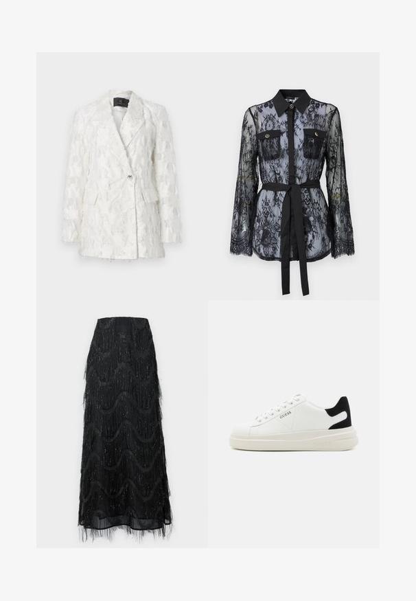 Weißer strukturierter Blazer mit doppelt breiter Gestaltung, zwei vorderen Taschen und glänzender Knopfverschluss. Der Stoff hat ein fransiges Muster.; Schwarze Spitzenbluse mit langen Ärmeln, knöpfbaren Brusttaschen, klassischem Kragen und einem Stoffgürtel, der an der Taille gebunden ist. Transparenter Design.; Schwarzer Midirock mit geschichteten Fransen und Wellenmustern. Hergestellt aus durchsichtigem Material mit funkelnden Akzenten an den Kanten.; Weiße Leder-Sneaker mit einer dicken weißen Sohle, schwarzem Wildlederakzent an der Ferse und geprägtem Logo an der Seite. Schnürdesign mit sechs Ösen.