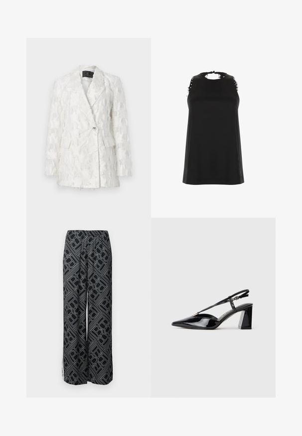 Weißer strukturierter Blazer mit doppelt breiter Gestaltung, zwei vorderen Taschen und glänzender Knopfverschluss. Der Stoff hat ein fransiges Muster.; Schwarzes ärmelloses Top mit hohem Ausschnitt, das ausgefranste Spitzenakzente an den Schultern und eine glatte, weiche Textur aufweist.; Hose mit weitem Bein aus schwarzem Stoff, der ein weißes geometrisches Muster aufweist. Elastischer Bund, fließende Form und seitliche Schlitze.; Schwarze lackleder Slingback-High-Heels mit spitz zulaufender Zehenpartie, verstellbarem Riemen und klobigem rechteckigem Absatz.