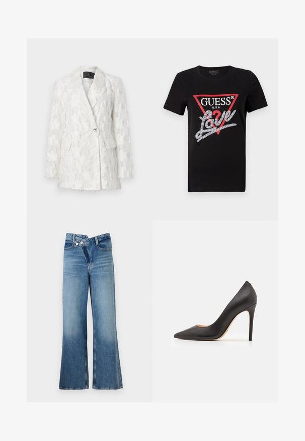 Baltā teksturētā žakete ar divkrāsu dizainu, divām priekšējām kabatām un spīdīgu pogu aizdari. Audumam ir frizēts raksts.; Melns kokvilnas T-krekls ar sarkanu trīsstūra logo, uz kura rakstīts "GUESS U.S.A.", un baltu kristālu dekorētu vārdu dizainu "Love". Īsas piedurknes.; Gai zils džinsu auduma bikses ar platām kājām un augstu vidukli, kurām ir divi pogas un priekšējās kabatas. Audumam ir izbalējusi tekstūra ar smalkām variācijām.; Melnas ādas augstpapēžu kurpes ar norādītu purngalu un gludu tekstūru, ar slaidu papēdi un minimālistisku dizainu.