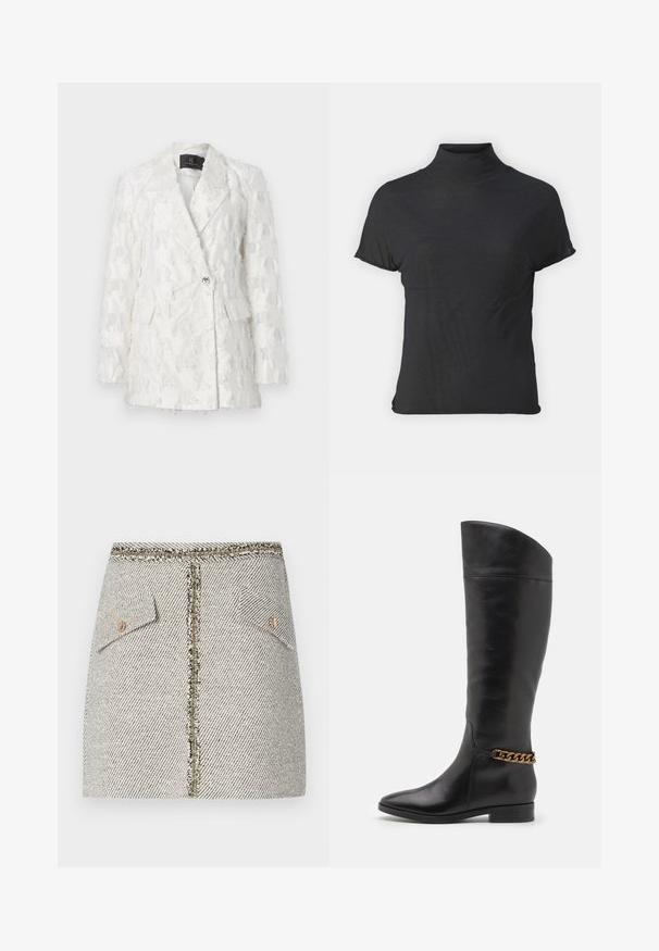Blazer blanc texturé avec un design à double boutonnage, deux poches avant et une fermeture à boutons brillants. Le tissu présente un motif effiloché.; Haut noir à manches courtes avec col roulé, fabriqué en tissu léger à la texture lisse et à la coupe ajustée, présentant un col montant.; Jupe en tweed tissé dans un motif à chevrons noir et blanc, dotée de deux poches avant et d'une fermeture éclair dorée à l'arrière avec des bords effilochés.; Bottes en cuir noir hautes au design épuré, avec un bout pointu et un accent en chaîne dorée à la cheville. Talon bas en bloc. Texture lisse.