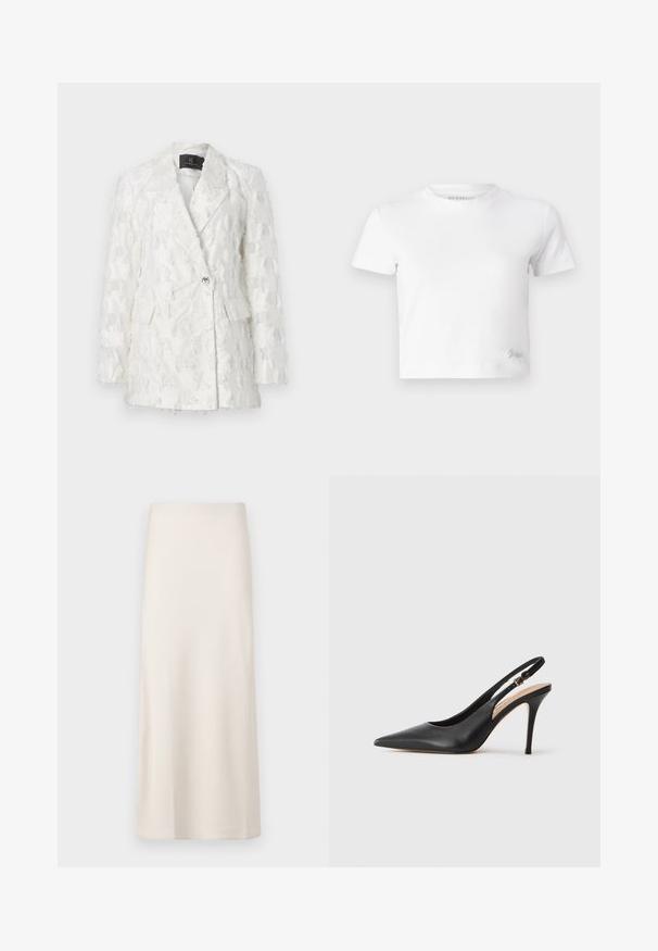 Blazer bianco texturizzato con design doppiopetto, due tasche frontali e chiusura con bottoni lucidi. Il tessuto presenta un motivo frangiato.; T-shirt cropped bianco realizzato in cotone liscio, con un collo alto e maniche corte. Piccolo logo ricamato nell'angolo inferiore.; Gonna midi di colore crema, con una superficie liscia e satinata e una vestibilità dritta. Nessun motivo visibile o decorazioni.; Scarpa con tacco alto a punta in pelle nera, con una texture liscia e un delicato cinturino con una fibbia metallica.