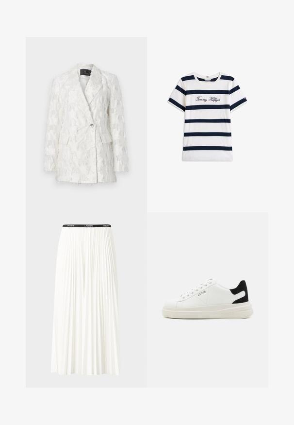 Hvid tekstureret blazer med dobbeltbrystet design, to frontlommer og glansfuld knaplukning. Stofmet har et frynset mønster.; T-shirt i bomuld med vandrette marineblå striber på en hvid baggrund. "Tommy Hilfiger" broderet i kursiv på brystet. Rund hals.; Plisseret hvid nederdel med en sort elastisk talje, der har "LACOSTE"-logoet. Mellemlang design med blød tekstur.; Hvide lædersneakers med en tyk hvid sål, sort ruskindhælvægt og prægede logoer på siden. Snørebåndsdesign med seks øjer.
