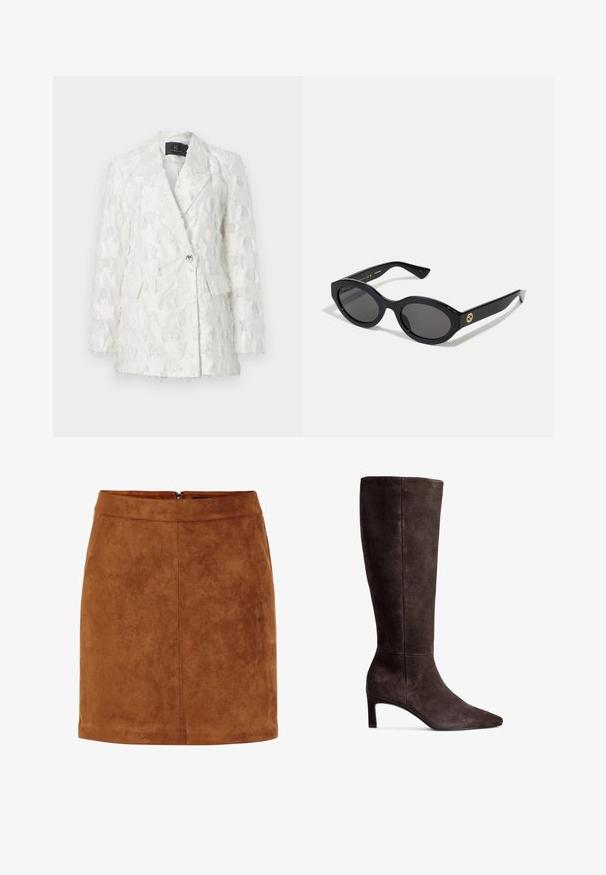 Vit texturerad kavaj med dubbelknäppt design, två framfickor och glansig knappstängning. Tyget har ett fransat mönster.; Brun, ärmlös klänning med en figursydd silhuett. Har sidofållningar och ett slätt, stretchigt tyg. Enkel rund halsringning, längd ovanför knä.; Brun mockaskinn mini-kjol med en slät yta, rak skärning och en diskret dragkedja bak. Har sömdetaljer för struktur.; Bruna mockaskinns knähöga stövlar med spetsig tå och 7,5 cm klack. Släthet i texturen, strömlinjeformad silhuett och minimalistisk design.; Svarta ovala solglasögon med mörka linser och blank plastbåge. Utrustade med en gyllene logotyp på bågen, vilket ger en snygg och modern design.