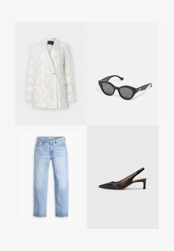 White textured blazer featuring a double-breasted design, two front pockets, and a glossy button closure. The fabric has a fringed pattern.; Brown, sleeveless dress with a fitted silhouette. Features side ruching and a smooth, stretchy fabric. Simple round neckline, above-knee length.; Light blue denim jeans with a straight-leg design, five pockets, and a mid-rise waist. Features a faded texture and stitched hem.; Black leather slingback pump with a pointed toe, low heel, and a smooth texture. Features a thin adjustable strap for a secure fit.; Black sunglasses with an angular cat-eye shape, featuring dark tinted lenses. Gold logo accent on the temple. Smooth plastic frame.