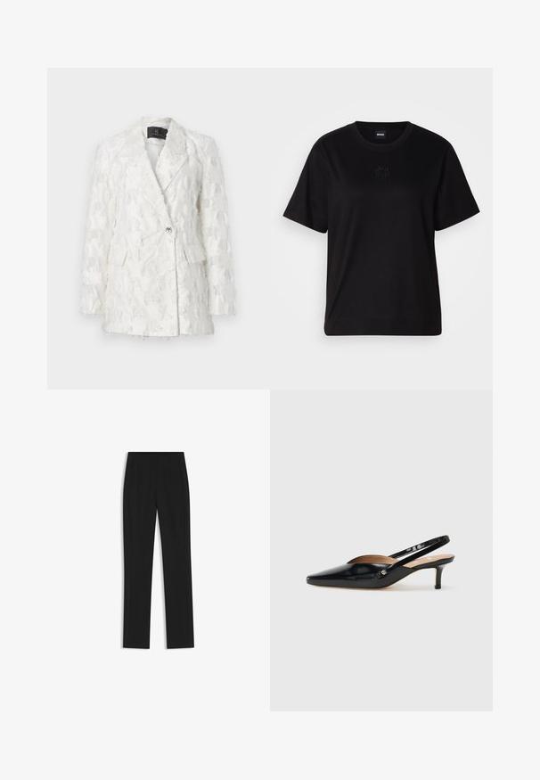 Weißer strukturierter Blazer mit doppelt breiter Gestaltung, zwei vorderen Taschen und glänzender Knopfverschluss. Der Stoff hat ein fransiges Muster.; Schwarzes Baumwoll-T-Shirt mit Rundhalsausschnitt, kurzen Ärmeln und aufgesticktem Logo auf der Brust. Einfacher, lässiger Schnitt ohne Muster.; Schwarze maßgeschneiderte Hose mit geradem Bein, ausgestattet mit Fronttaschen und einem glatten, strukturierten Stoff. Saubere, minimale Details.; Schwarze Lackleder Slingback-Pump mit spitzem Zehenbereich, kleinem Absatz und einem Ausschnittdesign auf dem Vorderteil. Hardware in Goldton als Akzent an der Seite.