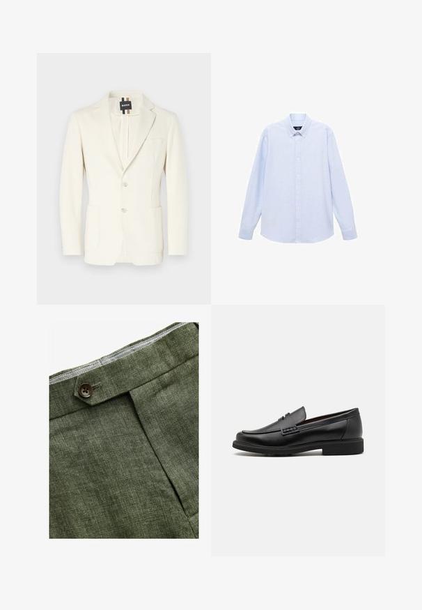 Blazer bianco realizzato in tessuto liscio, con revers a punta, due tasche frontali, chiusura a bottoni e etichetta con il marchio.; Camicia azzurra a maniche lunghe con colletto classico, orlo dritto e una trama sottile. Presenta una chiusura centrale con bottoni.; Pantaloni in lino verde oliva con piega frontale, dotati di chiusura con bottone e una fodera a quadretti a contrasto nella cintura.; Mocassini sintetici neri con una spessa cucitura frontale, soletta imbottita e suola piatta in gomma; design elegante con dettagli minimi.