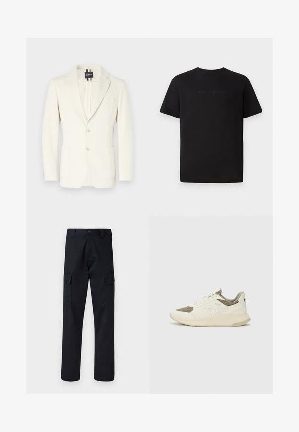 Bela blazer iz gladkega blaga, z zareznim ovratnikom, dvema sprednjima žepoma, gumbom za zapiranje in oznako z blagovno znamko.; Lacoste Navadna majica - black; Črne cargo hlače iz trpežnega blaga, z ravnim krojem, dvema stranskima žepoma in gumbom za zapiranje na pasu.; Beli in svetlo bež športni copat, s mrežastim zgornjim delom, perforiranimi detajli in teksturirano srednjim delom z blagovno znamko na peti.