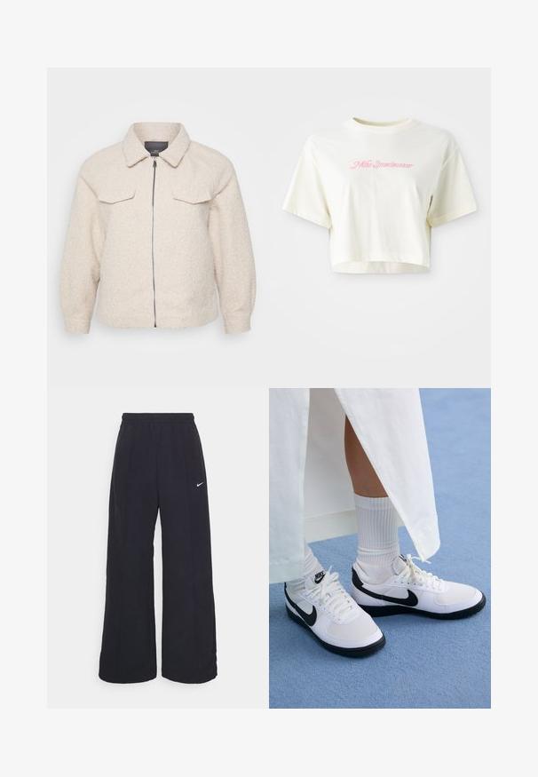 Světle béžová fleecová bunda se zipovým uzávěrem, límečkem a dvěma předními kapsami. Má texturovanou tkaninu a volný střih.; Zkrácené tričko v krémové barvě vyrobené z bavlny. Má růžovou vyšívanou nášivku s nápisem "Nike Sportwear." Krátké rukávy a kulatý výstřih.; Černé kalhoty s širokými nohavicemi, elastickým pasem a malým bílým logem Nike. Tkanina má hladkou strukturu, navrženou pro pohodlí a každodenní nošení.; Bílé tenisky Nike s černými detaily, s hladkým koženým svrškem, bílými tkaničkami a pevnou gumovou podrážkou, doplněné bílými žebrovanými ponožkami.