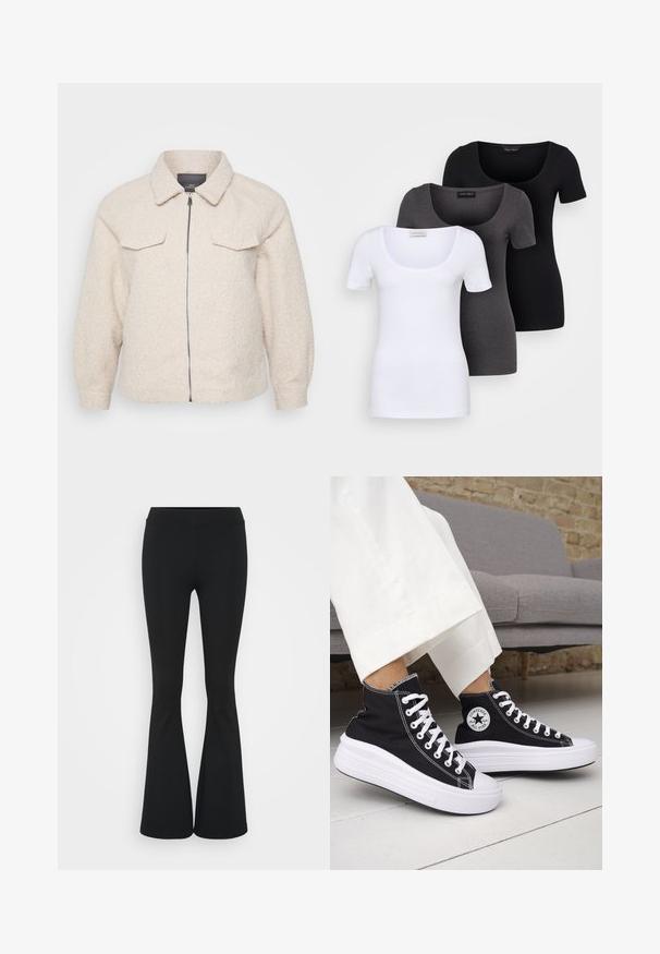 Jachetă de fleece bej deschis, cu fermoar, guler și două buzunare frontale. Prezintă un material texturat și o croială lejeră.; Trei tricouri ajustate, în alb, gri și negru. Fiecare are un decolteu larg în formă de cerc și mâneci scurte. Fabricate dintr-un material neted și elastic.; Pantaloni negrii evazați dintr-un material elastic, având un talie înaltă și o textură netedă. Pantalonii se lărgesc de la genunchi.; Adidași negri înalți cu tălpi și șireturi albe din cauciuc. Prezintă o pată logo rotundă și cusături albe contrastante. Material din pânză.