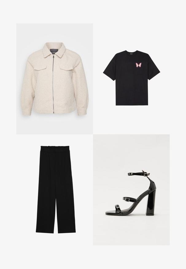 Fleece em tom bege claro com fecho de zip, gola e dois bolsos frontais. Apresenta um tecido texturizado e um corte descontraído.; T-shirt de algodão preto com mangas curtas, apresentando um pequeno gráfico de borboleta rosa no lado esquerdo do peito. Design de gola redonda com um corte solto.; Calças largas pretas com um cinto franzido, apresentando dois bolsos laterais e um tecido suave e leve. Sem padrões ou ferragens visíveis.; Sandálias pretas de verniz com salto alto, duas fivelas, biqueira quadrada e salto largo, apresentando uma textura lisa e brilhante.