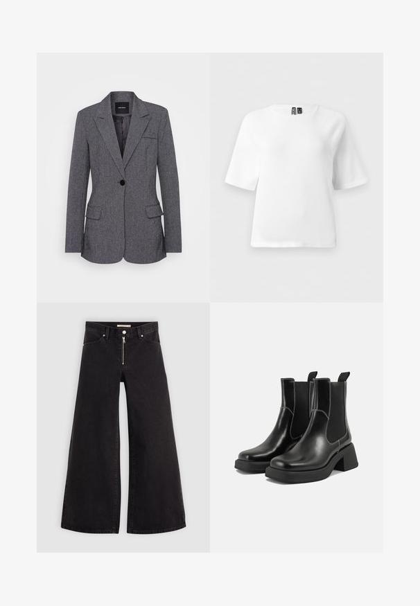Sivý blejzer vyrobený z textúrovaného materiálu, ktorý má klopový golier, zapínanie na jeden gombík, dve predné vrecká a jedno vrecko na hrudi.; Biely krátky rukávový top vyrobený z mäkkej štruktúrovanej tkaniny. Má okrúhly výstrih a raglánové rukávy. Jednoduchý, minimalistický dizajn.; Dlhé nohavice vo voľnom strihu z čierneho denimu so zipsom vpredu, päť vrecúškovým dizajnom a jemnými stehovými detailmi. Hladká textúra a neformálny štýl.; Čierne kožené Chelsea čižmy s robustným podpätkom, elastickými bočnými panelmi a kontrastným bielym prešívaním. Textúrovaný povrch.