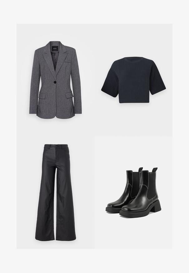 Blazer gri realizat dintr-un material texturat, având un guler cu decupaj, închidere cu un singur nasture, două buzunare frontale și un buzunar pe piept.; Pulover scurt tricotat, de culoare bleumarin închis, cu textură ribbed, mâneci scurte și largi, și guler rotund. Design simplu, fără modele sau accente vizibile.; Pantaloni negri, cu picioare largi, dintr-un material de piele ecologică. Prezentază talie înaltă, bucle pentru curea, două buzunare frontale și detalii cusute.; Botine Chelsea din piele neagră, cu toc masiv, panouri laterale elastice și cusături albe contrastante. Finisaj texturat.