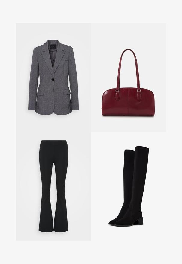 Harmaa bleiseri, joka on valmistettu teksturoidusta kankaasta, jossa on lovettu kaulus, yksittäinen nappikiinnitys, kaksi etutaskua ja rintatasku.; Kolme istuvaa T-paitaa valkoisena, harmaana ja mustana. Jokaisessa on leveä avara pääntie ja lyhyet hihat. Valmistettu sileästä ja joustavasta kankaasta.; Mustat leveät housut, jotka on valmistettu joustavasta kankaasta, ja joissa on korkea vyötärö sekä sileä pinta. Housut levenevät polven kohdalla.; Mustat polven yli yltävät saappaat, jotka on valmistettu pehmeästä, teksturoidusta materiaalista. Varustettu korkea lohkarekannalla, teräväkärkisellä muodolla ja näkyvillä saumatiedoilla.; Zign LEATHER - Käsilaukku - dark red