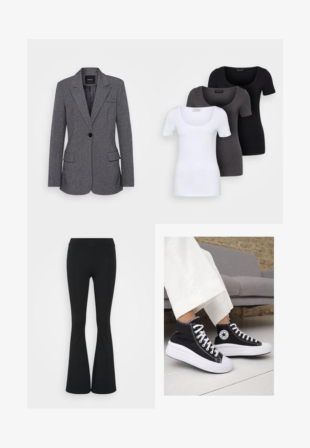 Pelēks bleizeris, izgatavots no teksturēta auduma, ar iegriezta tipa apkakli, vienu pogu aizdari, divām priekšējām kabatām un krūšu kabatu.; Trīs pieguļoši T-krekli baltā, pelēkā un melnā krāsā. Katram ir plaša izgriezuma kakla un īsas piedurknes. Izgatavoti no gluda, elastīga auduma.; Melnas izplešanās bikses, izgatavotas no elastīga auduma, ar augstu vidukli un gludu tekstūru. Bikses izvēršas no ceļa.; Melni kanvas augstpapēžu apavi ar baltām gumijas zolēm un auklām. Ievērojams aplis logotips sānos un kontrastējoša balta šuvums.