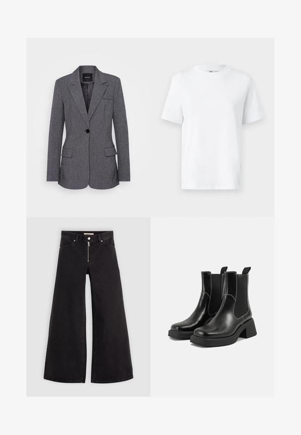Sivi blejzer od teksturiranog materijala, s izrezanim ovratnikom, jednim gumbom za zatvaranje, dva prednja džepa i džepom na prsima.; Bjela pamučna majica s kratkim rukavima i okruglim izrezom, s glatkom teksturom. Dizajnirana s opuštenim krojem za udobnost i svestranost.; Široke traperice od crnog denima s prednjim zatvaračem, dizajnom s pet džepova i suptilnim detaljima šivanja. Glatka tekstura i ležeran stil.; Crne kožne Chelsea čizme s debelim potplatom, elastičnim bočnim panelima i kontrastnim bijelim šavovima. Teksturirana površina.