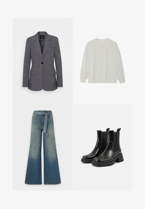 Pelēks bleizeris, izgatavots no teksturēta auduma, ar iegriezta tipa apkakli, vienu pogu aizdari, divām priekšējām kabatām un krūšu kabatu.; Gaišpelēka garām piedurknēm t-krekls, kas izgatavots no mīkstas kokvilnas. Iezīmē vaļīgu piegriezumu, apaļu kakla izgriezumu un viegli saplacinātas piedurknes. Nav rakstu vai grafikas.; Platām kājām džinsu bikses ar gaismas līdz tumši zilam gradientam, augstu jostas līniju, jostas cilpām un atbilstošu auduma jostu. Tekstūrēts džinsas apdare.; Melni ādas Čelsijas zābaki ar masīvu papēdi, elastīgām sānu panelēm un kontrastējošu balto šuvumu. Teksturēts apdare.