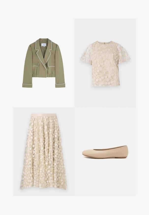 Cropped olive green jacket with white contrasting stitching, structured lapels, two front pockets, and gathered waistband.; Beige blouse with floral embroidery, sheer puff sleeves, round neckline, and back zipper closure. Textured floral pattern on front panel.; Floral embroidery on a sheer, cream-colored skirt with a satin waistband. The design features small, delicate flowers and leaves.; Beige leather ballet flat with rounded toe, minimal seam detailing, low heel, and subtle logo on the back. Smooth, matte texture.