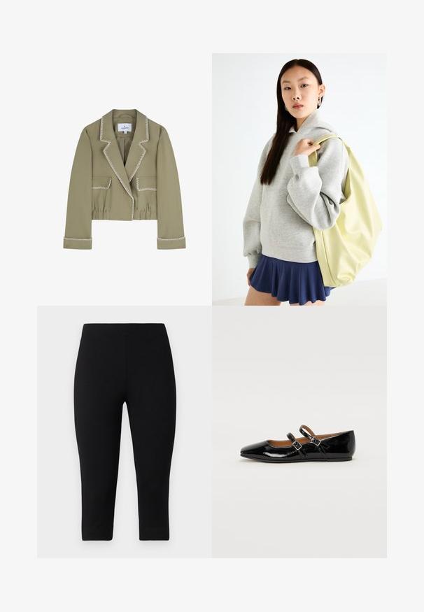 Kürzer geschnittene olivgrüne Jacke mit weißen Kontrastnähten, strukturierten Revers, zwei vorderen Taschen und gerafftem Taillenbund.; Poloshirt mit kurzen Ärmeln in pinken, weißen und braunen horizontalen Streifen, braunem Kragen und Knopfleiste.; Schwarze Capri-Leggings aus dehnbarem Material, die eng anliegen und eine glatte Textur aufweisen, ohne auffällige Muster oder Akzente.; Schwarze Lackleder Ballerina mit spitzem Vorderteil, zwei Schnallenriemen über dem Vamp und einem niedrigen, abgerundeten Absatz.; Grauer, übergroßer Hoodie mit Kängurutasche, kombiniert mit einem marineblauen, ausgestellten Rock. Accessoire: großer, hellgelber Rucksack mit glatter Textur.