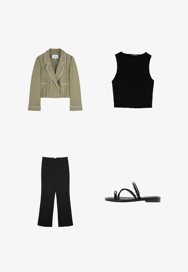 Beskaaret olivengrøn jakke med hvid kontrastsyning, strukturerede klapkraver, to forlommer og samlet talje.; Sort ærmeløs crop top lavet af glat stof, med rund hals og et rent, enkelt design uden mønstre eller hardware.; Sorte bukser med lige pasform, der har frontlommer og slidser i kanten. Lavet af blødt, glat stof. Velegnet til forskellige anledninger.; Sorte flade sandaler med en blank finish, tre tynde stropper og en cirkulær hardwaredetalje ved tæerne. Slankt design med en minimal hæl.