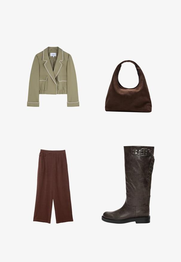 Veste olive ajustée avec des coutures blanches contrastantes, revers structurés, deux poches avant et ceinture élastique.; T-shirt marron à manches courtes en tissu doux, avec un col rond et une coupe décontractée. Aucun motif ni accent visible.; Pantalons larges marron avec une taille à cordon, dotés de plis et d'une texture douce, fabriqués en tissu léger.; Botte en cuir marron jusqu'au genou avec une finition texturée, dotée d'une boucle et de détails avec pression sur le côté, et d'une semelle en caoutchouc plate.; Sac à main en toile marron doux de style hobo avec une large sangle unique et une ouverture en haut arrondie, présenté sur un fond blanc.